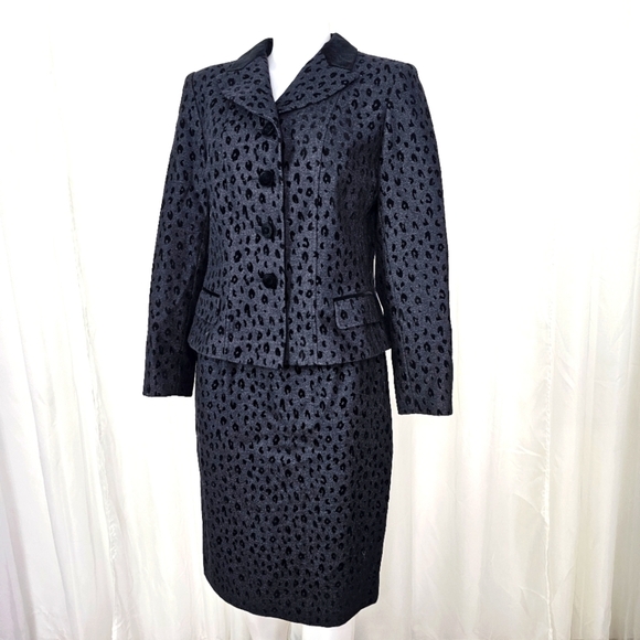Vintage Rickie Freeman for Teri Jon Saks gray black leopard print wool skirt set